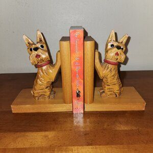 Vintage Hand-Carved Wooden Scottie Dog Bookends with Glass Eyes